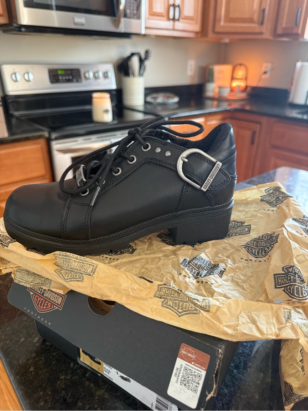 Harley-Davidson Black Leather Lace-Up Oxford with Buckle Accent